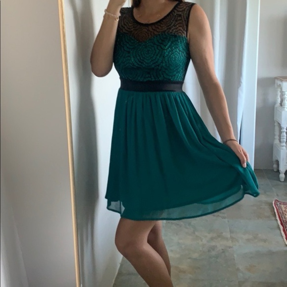 ModCloth Starlet's Web Turquoise Tulle Black Lace Fit-and-Flare Dress - Picture 4 of 16